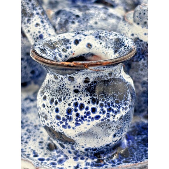 Vintage Clay‎ Art Pottery Figure Sitting w/Pots Primitive Blue Speckled Glazed - Picture 9 of 16